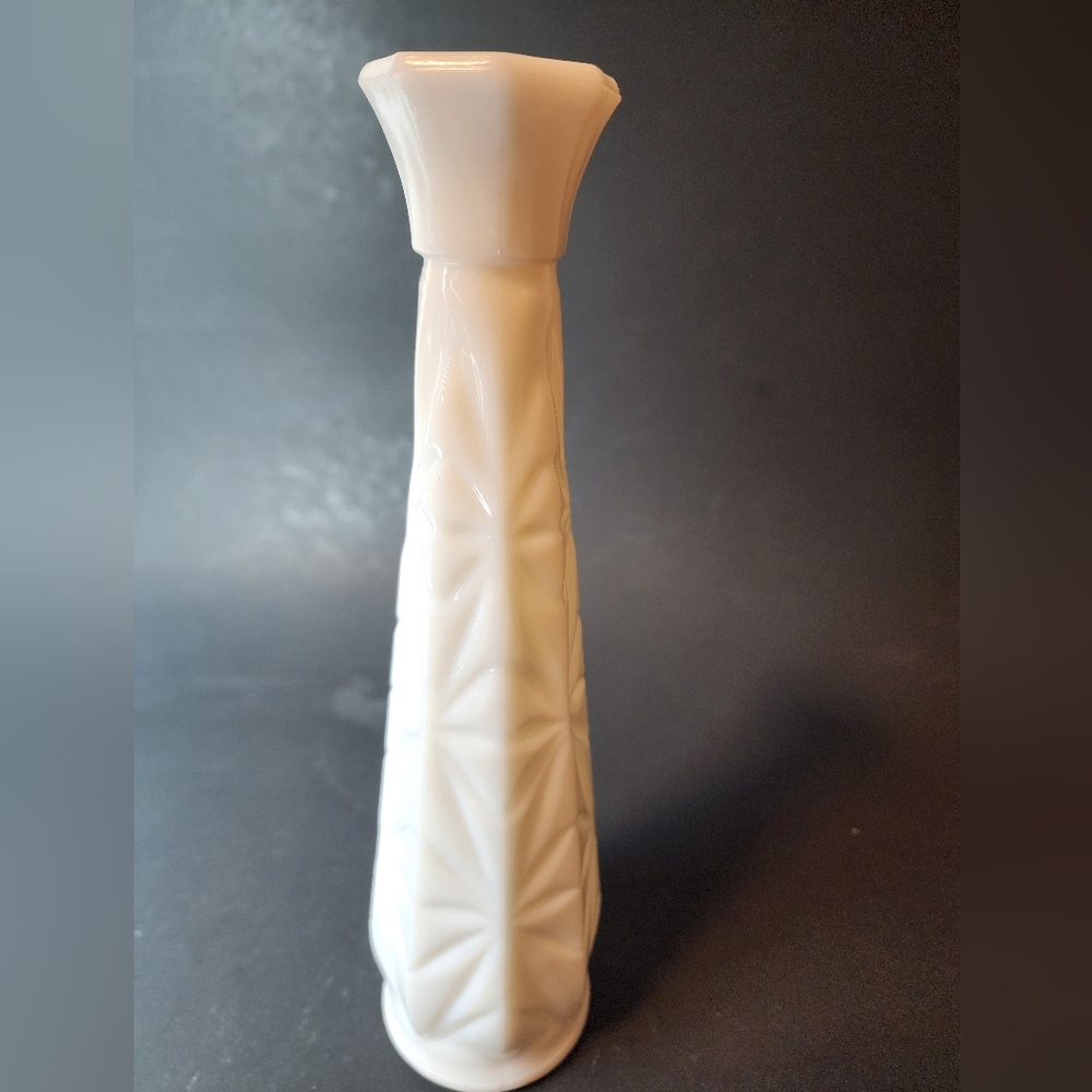 Vintage White Milk Glass Bud Vase Star Design Pedestal 9"